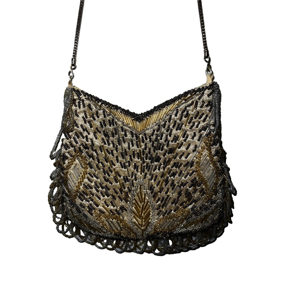 La Regale Vintage Beaded Evening Bag Gold Silver Black Art Deco Clutch Purse
